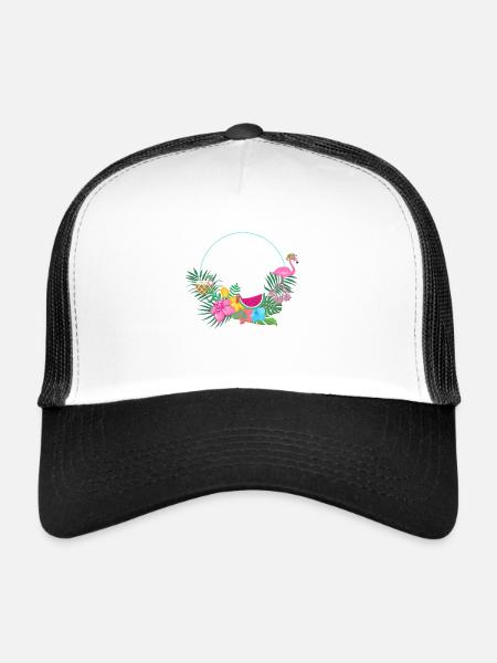 beachy_wreath_flamingo - Trucker Cap - white/black - Front