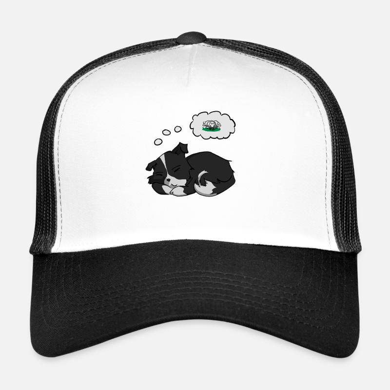 Un mignon chiot border collie qui rêve de moutons. Casquette trucker 