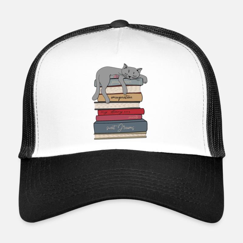 Cat sleeps on books - Trucker Cap - white/black
