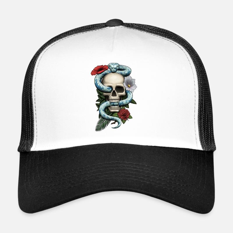 Totenkopf mit Schlange und Blumen Trucker Cap