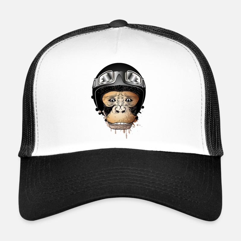 Affe mit Retro Motorrad Helm und Motorrad Brille - Trucker Cap - Weiß/Schwarz