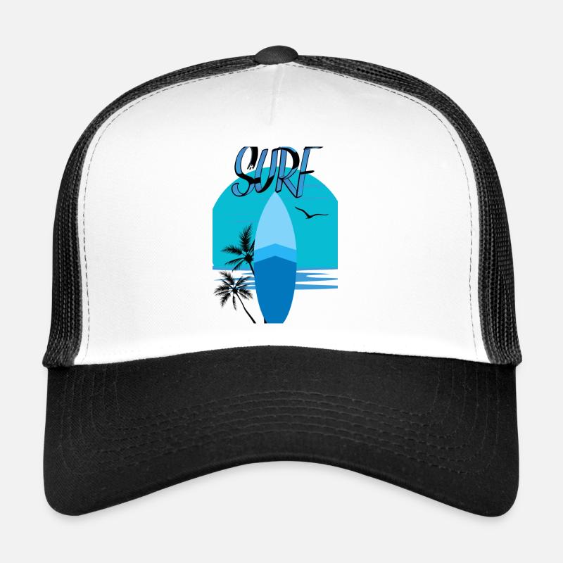 Surfboard with Sunset Blue - Palm Trees Trucker Cap
