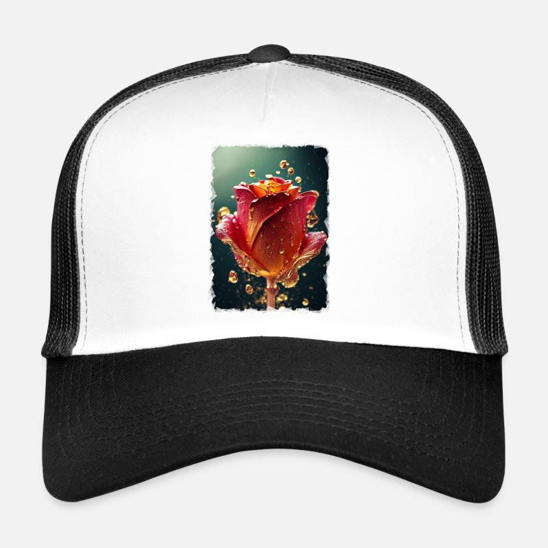 Rose rouge entourée de gouttes d’eau Casquette trucker 