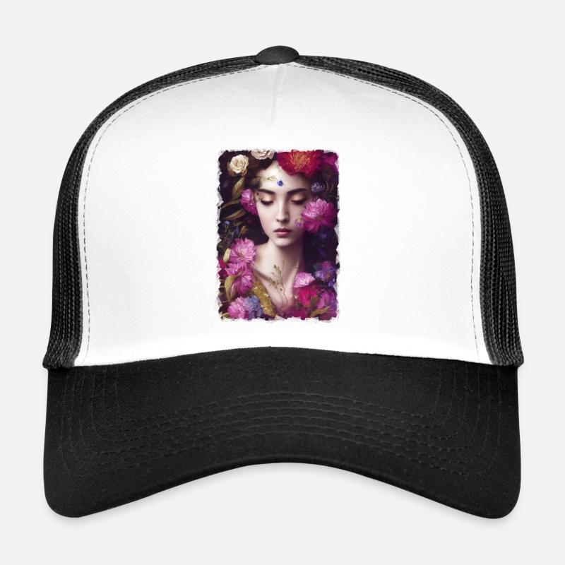 Femme avec bordure de fleurs - Casquette trucker  - blanc/noir