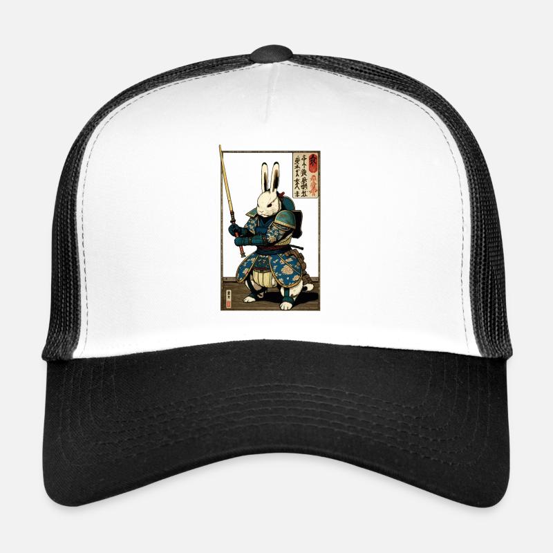 Lapin japonais en armure de samouraï de style ukiyo-e - Casquette trucker  - blanc/noir