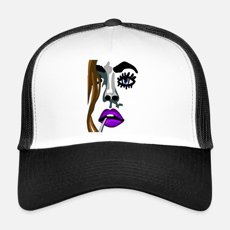 Visage top model avec bouche violette et cigarette Casquette trucker 