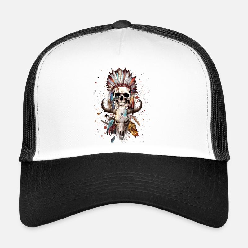 Eingeborenenschädel mit Büffelschädel in Aquarell - Trucker Cap - Weiß/Schwarz