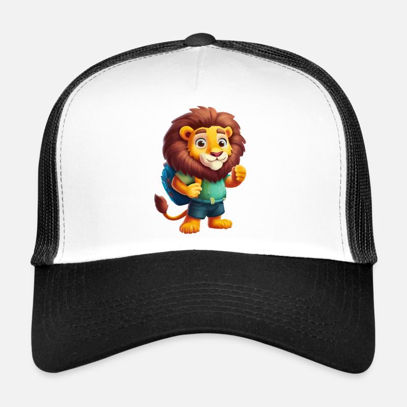 Abenteuerlustiger Löwe Backpacker Illustration Trucker Cap