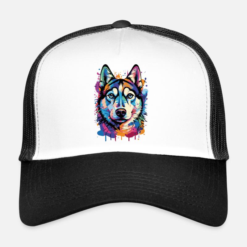 Husky Farbenfroh - Husky Hund - Bunter Husky - Trucker Cap - Weiß/Schwarz