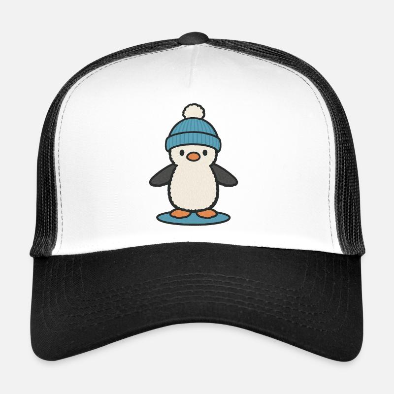 Pingouin d’hiver avec capuchon bleu – mignon - Casquette trucker - blanc/noir
