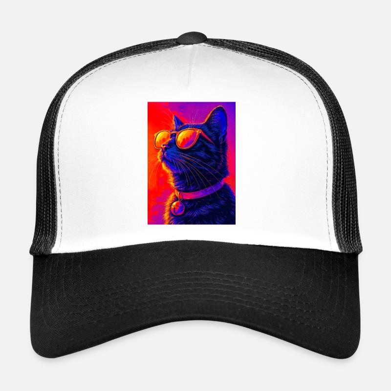 Vibrant Neon Cat with Sunglasses - Trucker Cap - white/black