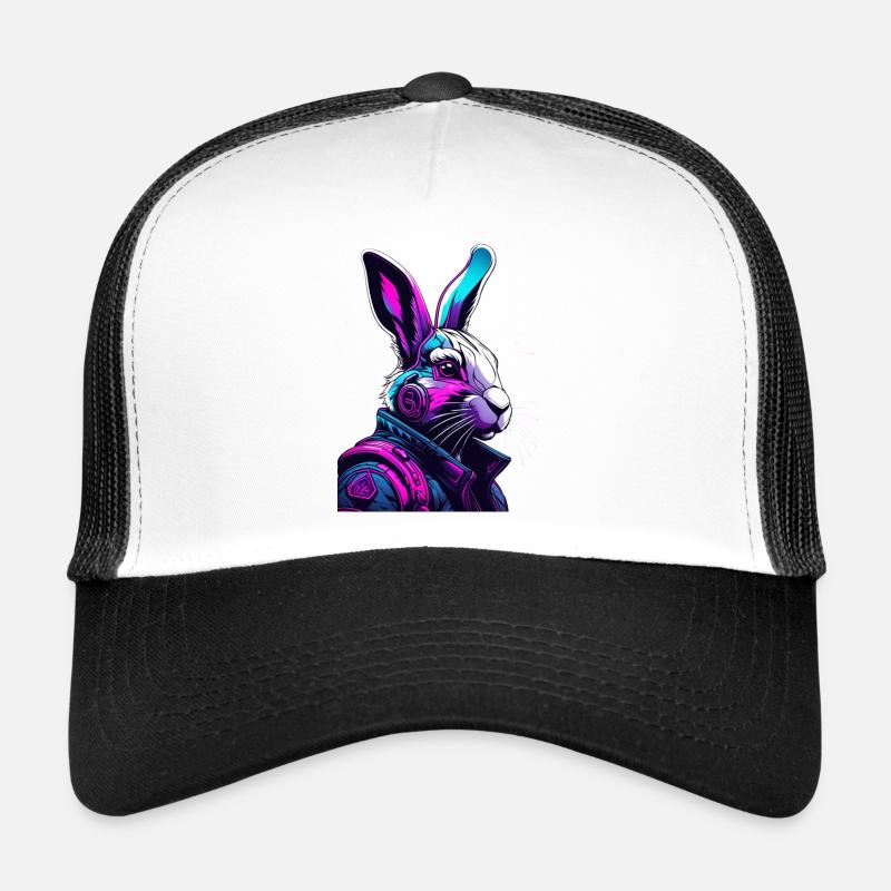 Neon Hase mit Kopfhörern und Digitalem Look Trucker Cap