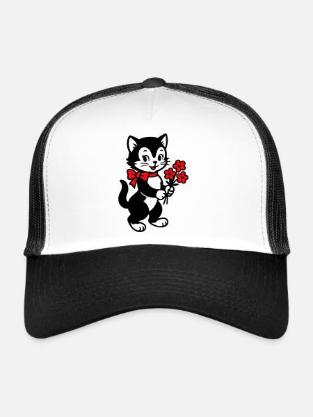 Chat noir avec ruban rouge - Casquette trucker  - blanc/noir - Devant