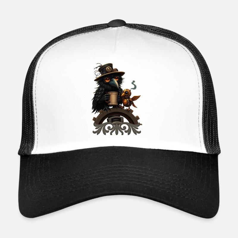 Steampunk Rabe mit Becher - Trucker Cap - Weiß/Schwarz