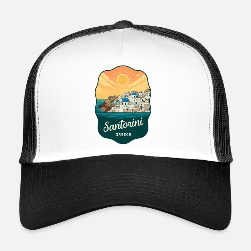 Santorini Blue Domes Retro Sunset Badge Trucker Cap