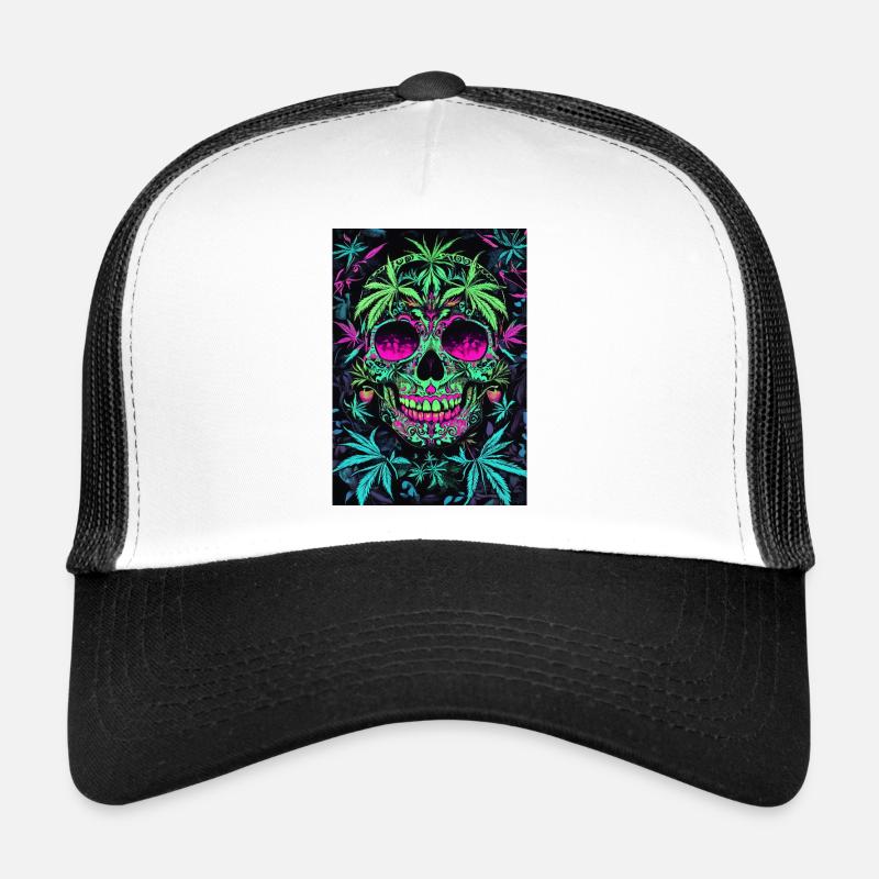 Neon Sugar Skull Hemp Leaves Trucker Cap