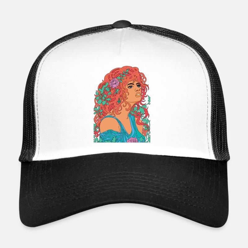 Red Nymph Psychedelic Pop Floral Portrait - Trucker Cap - white/black