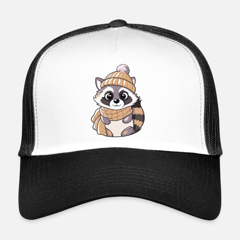 Cute raccoon with scarf and bobble hat. - Trucker Cap - white/black