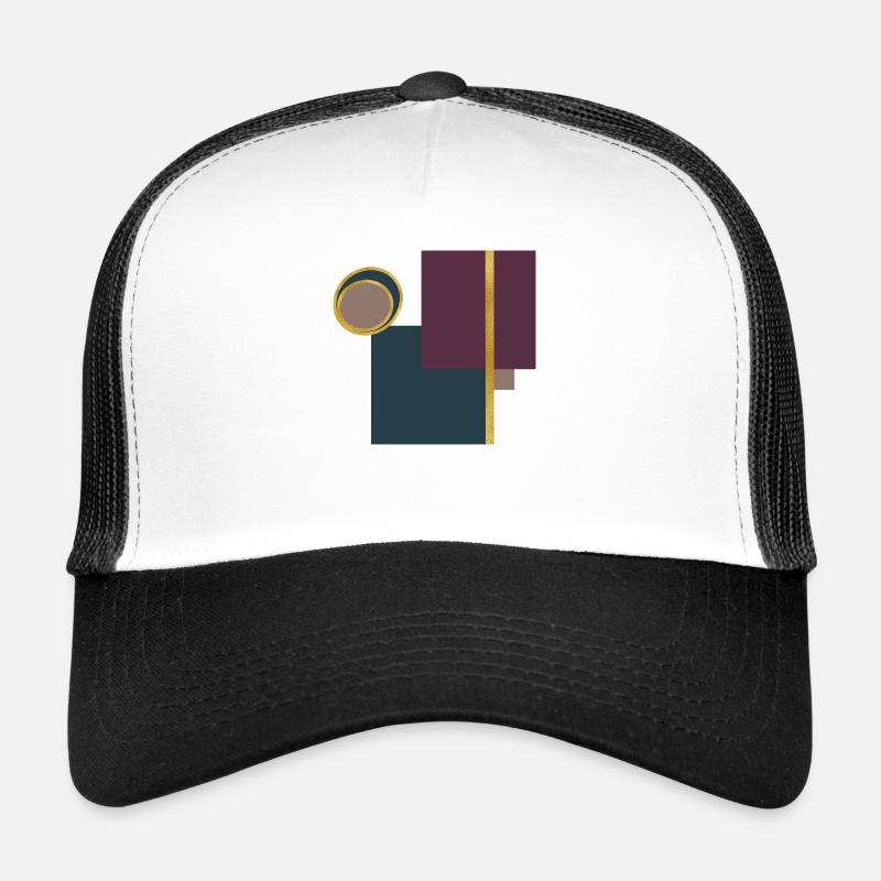 Geometric Artwork with Squares, Circles and Gold Trucker Cap