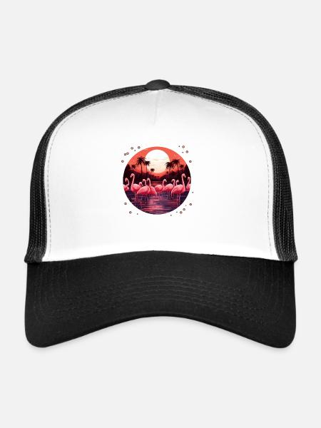 Flamant rose flocage coucher de soleil, amour flamants roses - Casquette trucker  - blanc/noir - Devant