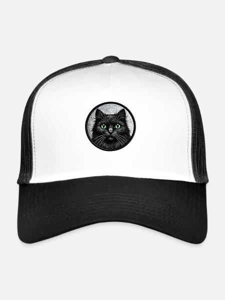 Motif mystérieux de chat noir – graphisme unique - Casquette trucker  - blanc/noir - Devant
