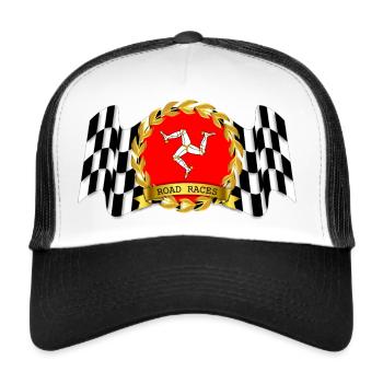 isle of man flag with road races checkered flag - Trucker Cap - white/black - Front
