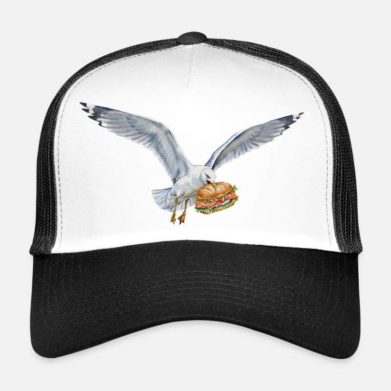 Mouette drôle vole un rouleau de poisson sur la plage Casquette trucker 