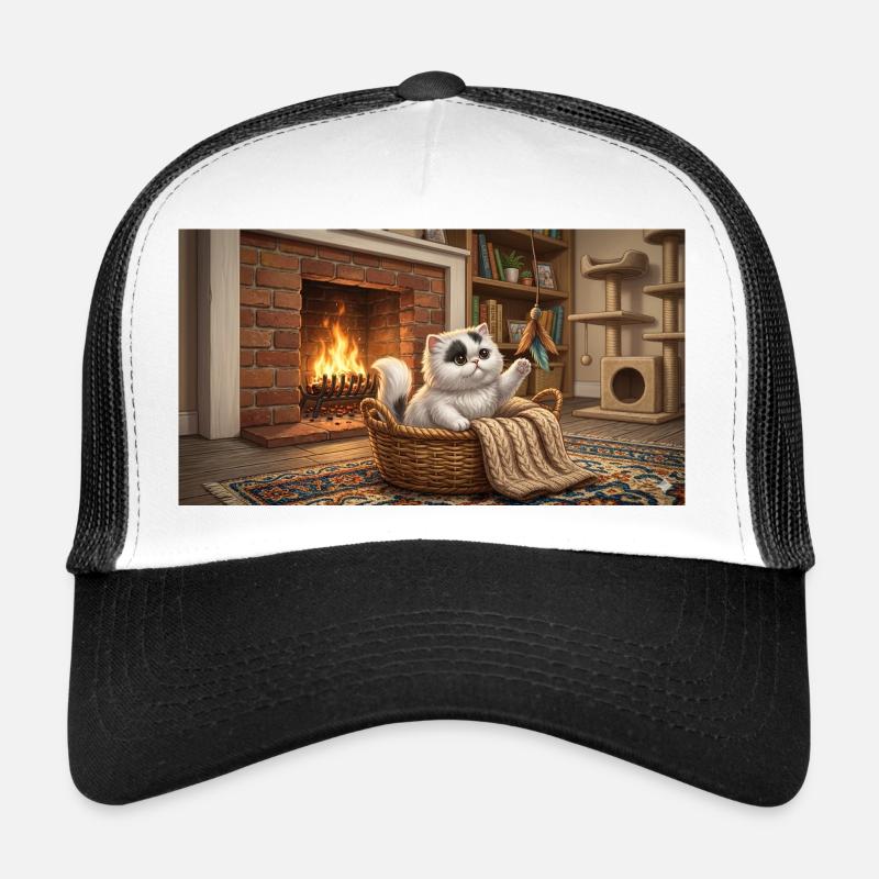Cozy cat in basket by fireplace Trucker Cap