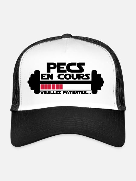 pecs en cours,citations,message,muscu - Casquette trucker  - blanc/noir - Devant