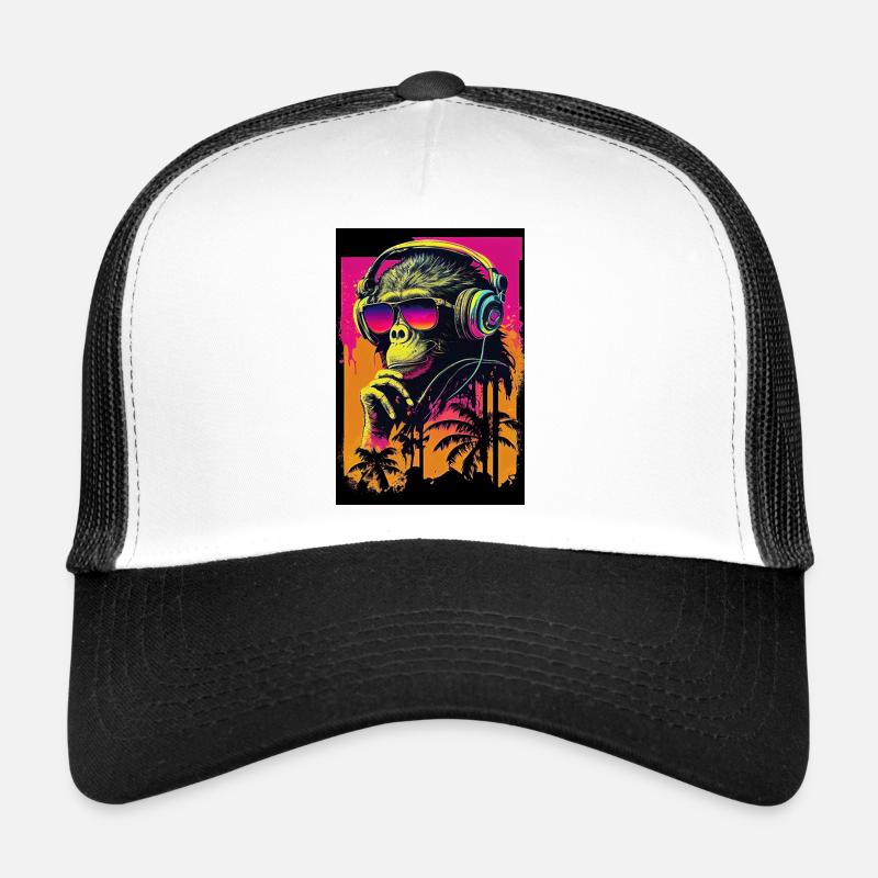 Synthwave Retro Affe mit Sonnenbrille und Musik - Trucker Cap - Weiß/Schwarz