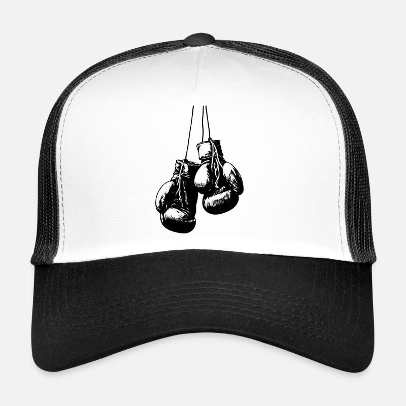 Schwarze Boxhandschuhe die an den Schnüren hängen - Trucker Cap - Weiß/Schwarz