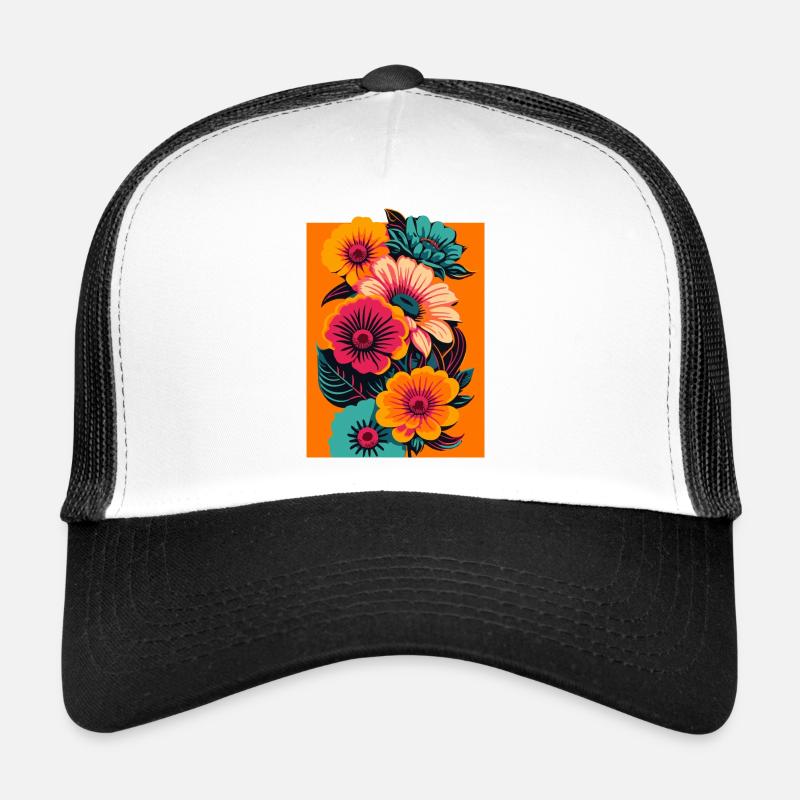 Vibrant Blooms Tee - Abstract Floral Design - Trucker Cap - white/black