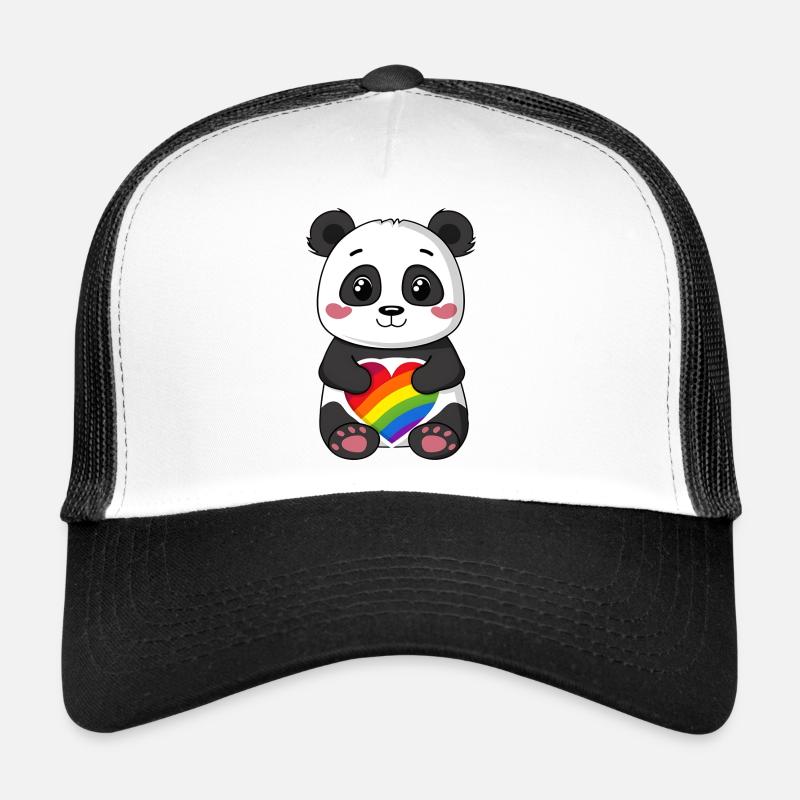 Panda-Karikatur mit einem Pride-Regenbogenherz Trucker Cap