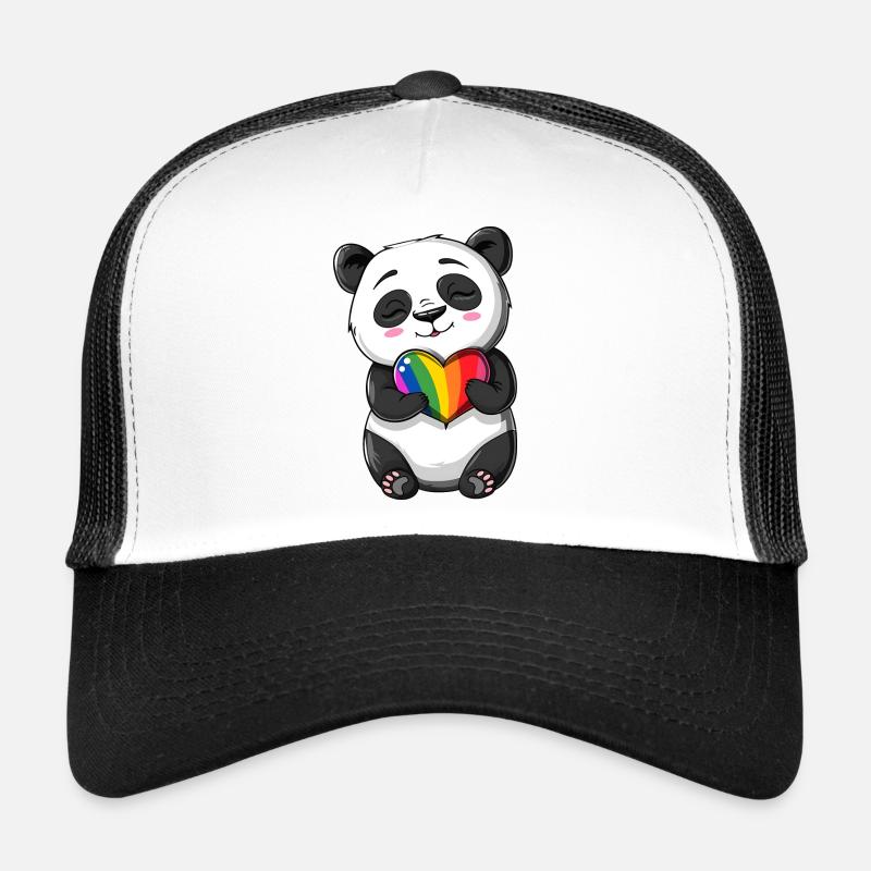 Panda-Karikatur mit einem Pride-Regenbogenherz Trucker Cap