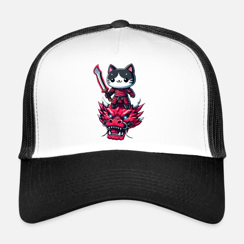 Samurai-Katze mit Schwert auf Drache in epischem 3D-Effekt Trucker Cap