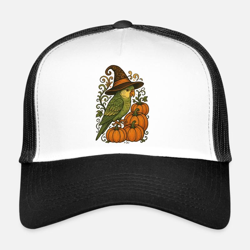 Witch Hat-Wearing Parakeet with Pumpkins  Trucker Cap