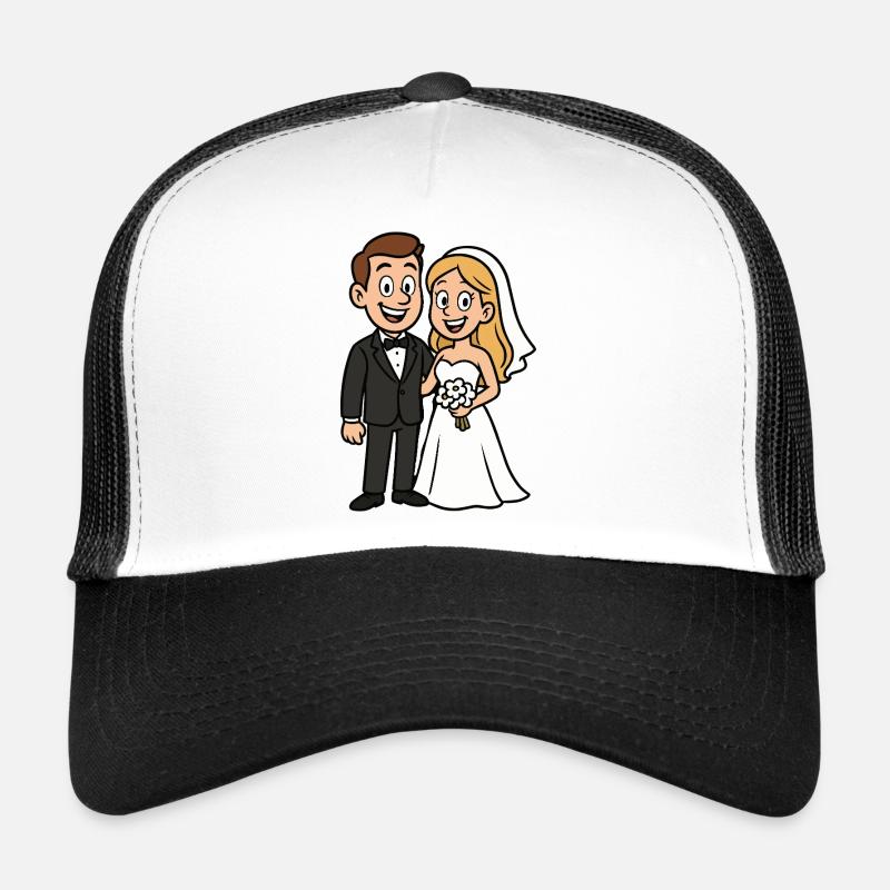 Bride and groom couple wedding comic Trucker Cap