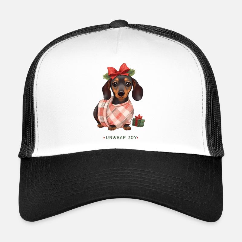 Unwrap joy - Weihnachtlicher Dackel als Geschenk  - Trucker Cap - Weiß/Schwarz