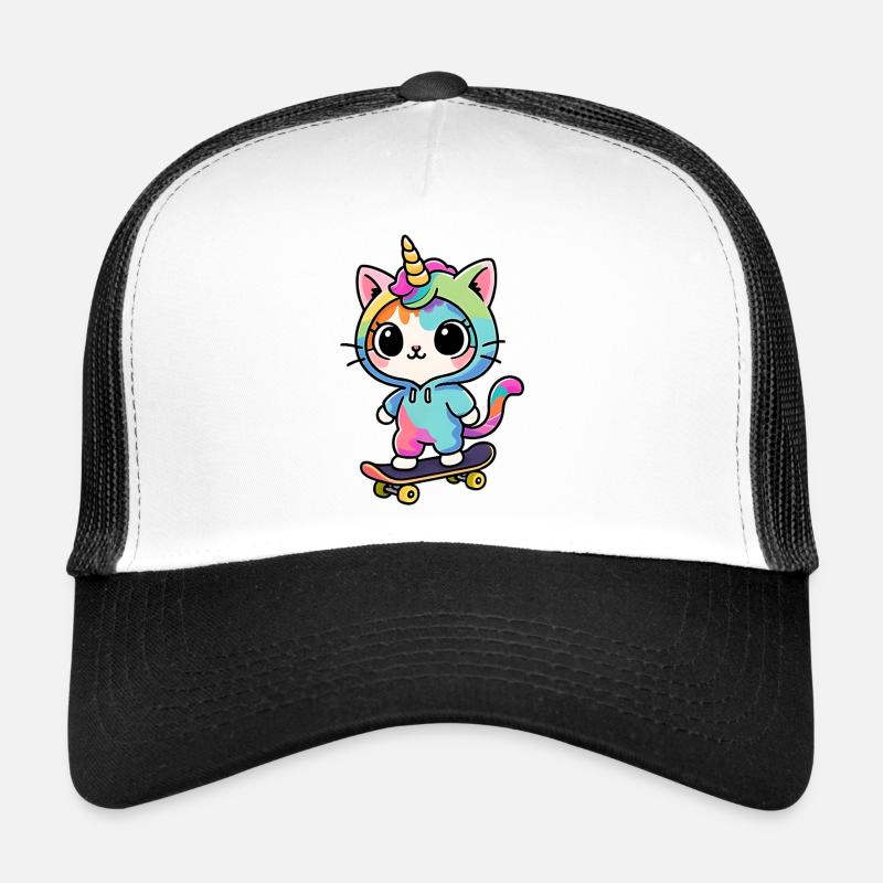 Regenbogen Einhorn Katze Schlittschuh - Trucker Cap - Weiß/Schwarz