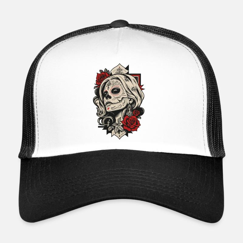 Sugar Skull Queen Rosen - Trucker Cap - Weiß/Schwarz