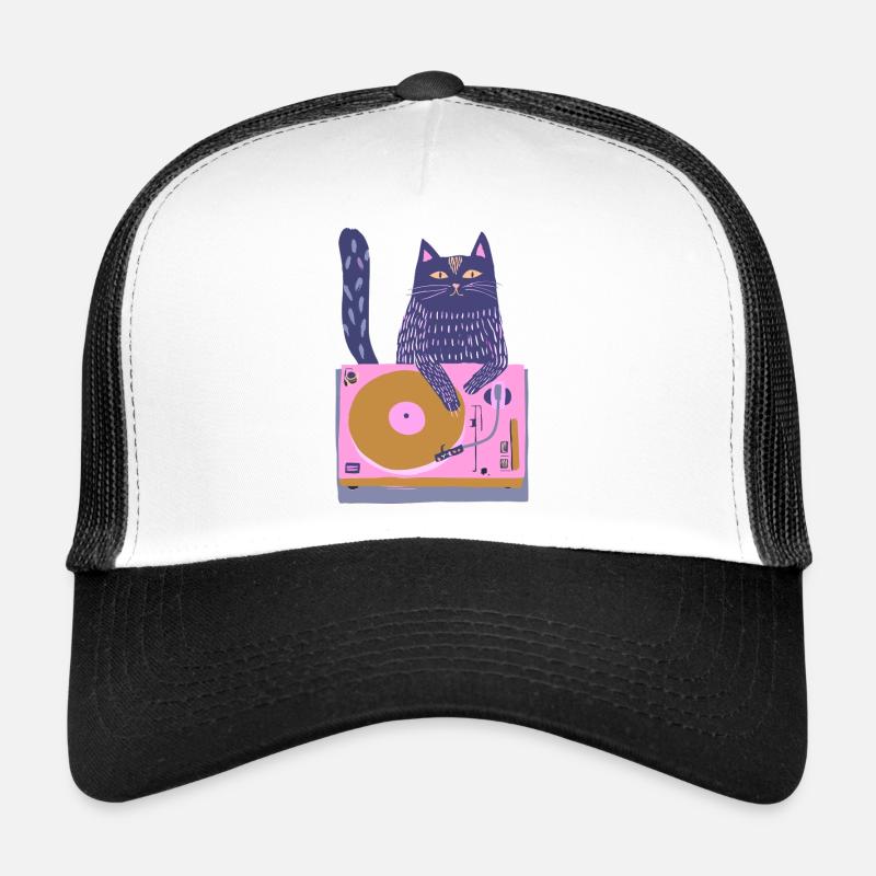 Purple DJ Cat on Pink Turntable - Trucker Cap - white/black