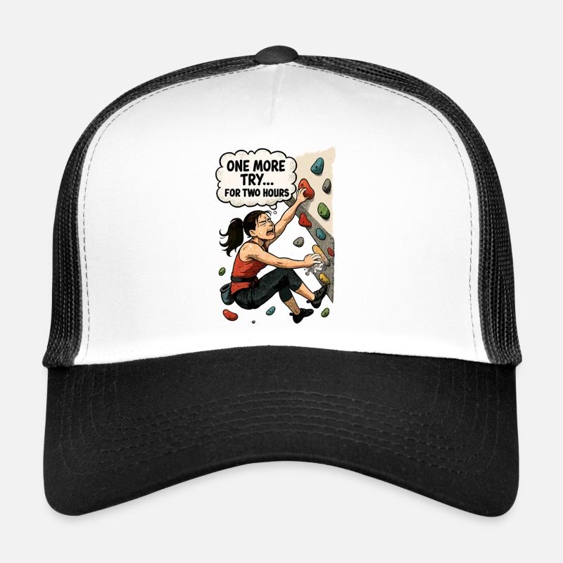 Bouldering Woman Overhang – One More Try Comic Trucker Cap