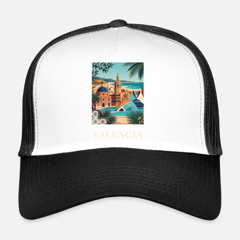 Affiche de voyage sur l’architecture côtière de Valence en Espagne Casquette trucker 