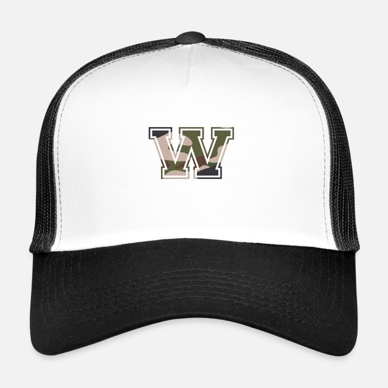 W, Monogramm, Camouflage Grün-Braun - Trucker Cap - Weiß/Schwarz