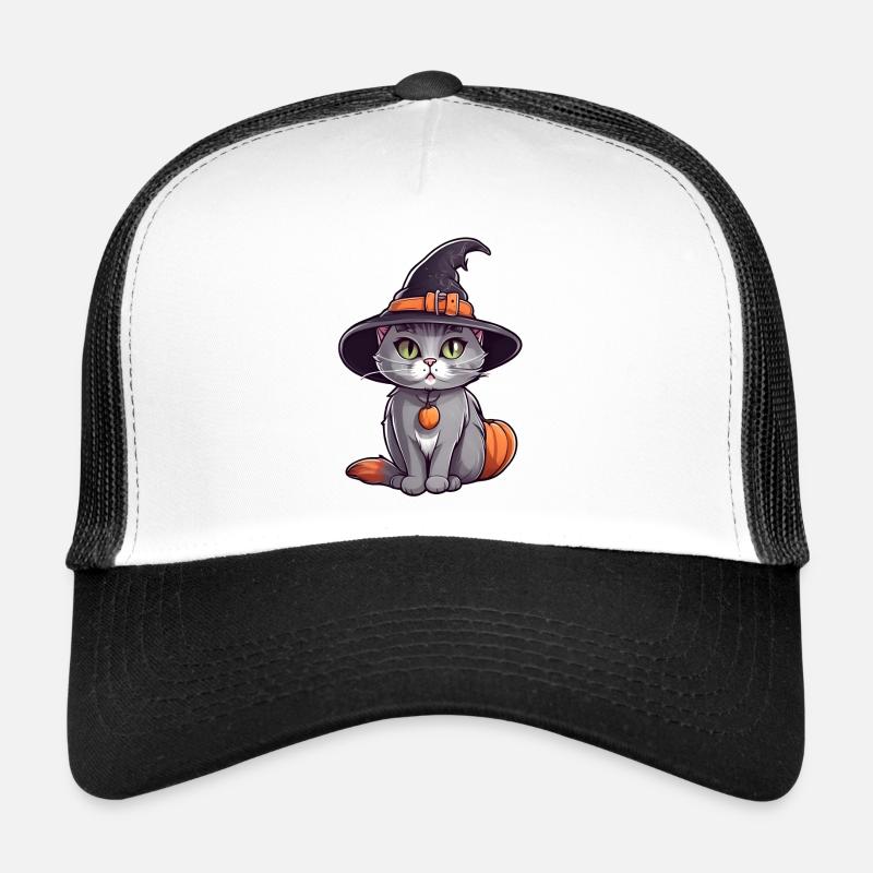Mignon chat d’Halloween avec chapeau de sorcière. Casquette trucker 
