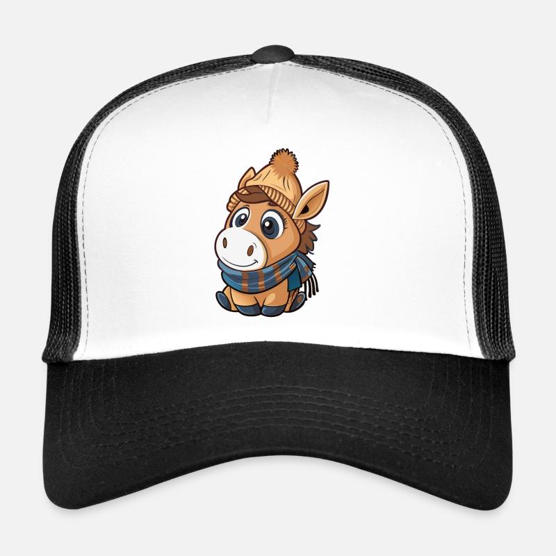 Niedlicher Esel mit Schal und Pudelmütze. Trucker Cap