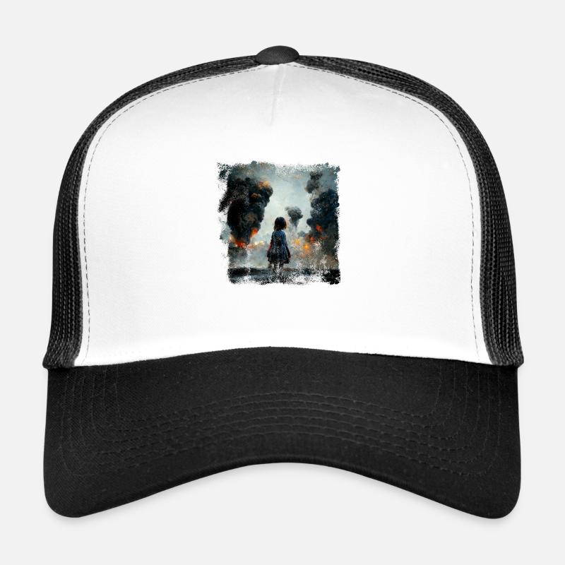 Kid in war looking at explosion AI painting Trucker Cap
