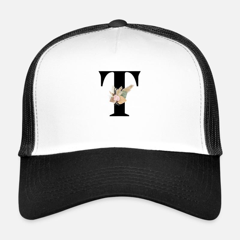blumiger Buchstabe T - Trucker Cap - Weiß/Schwarz