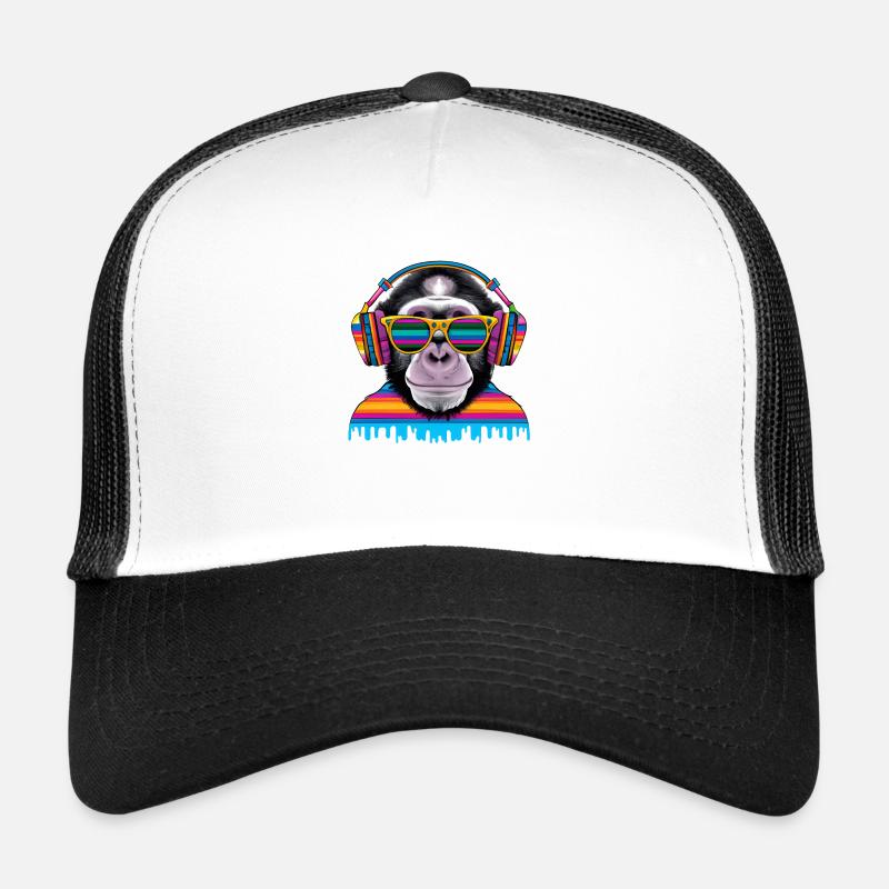 Singe accroche-regard avec écouteurs et lunettes de soleil Casquette trucker 
