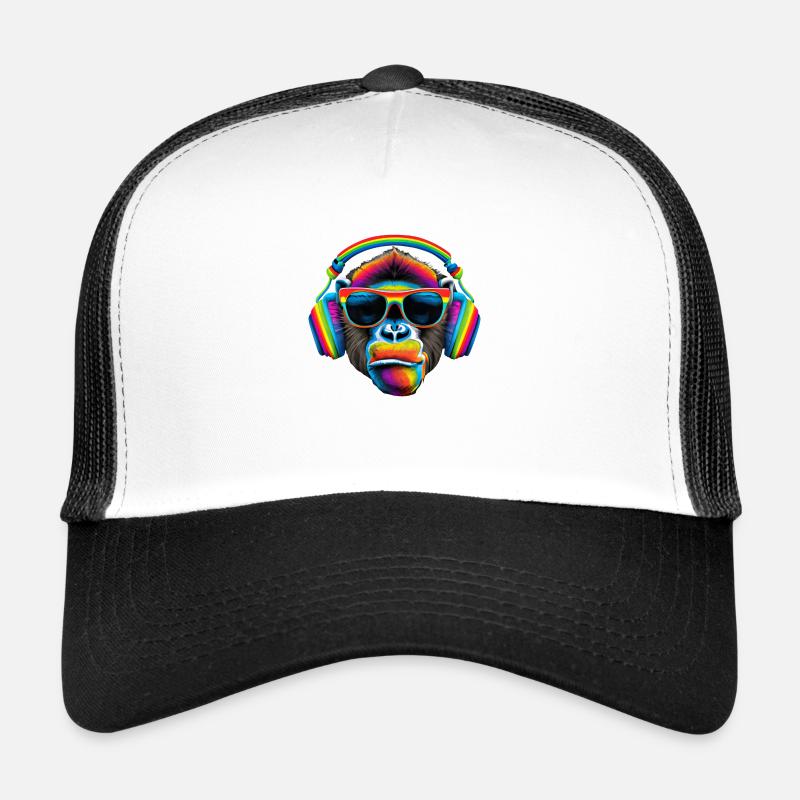 Pride monkey with headphones and sunglasses Trucker Cap